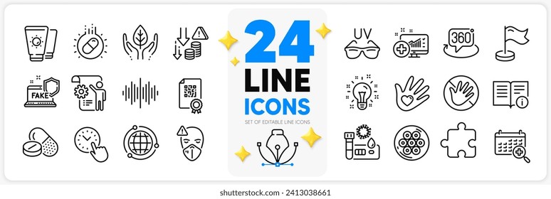 Icons set of Technical info, Medical drugs and Sunscreen line icons pack for app with Capsule pill, Fake internet, Idea thin outline icon. Sound wave, Milestone, 360 degree pictogram. Vector