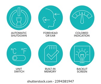 Icons set for Temperature meter equipment - Colored indicator, Backlit screen, Forehead or Ear measurement, Built-in memory, Unit switch, Auto shutdown timer. Monochrome pictograms for labeling