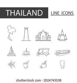 Icons set of Thailand black thin line. Set of map, architecture, tradition and more.