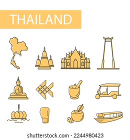 Icons set of Thailand. Set of map, architecture, tradition and more.