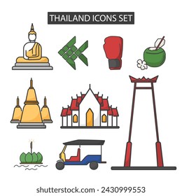 Icons set of Thailand. Set of map, architecture, tradition and more.
