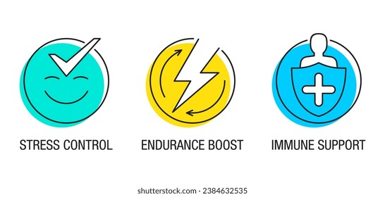 Icons set in thin line for Nutrient Supplement - Stress Control, Endurance Boost and Immune Support