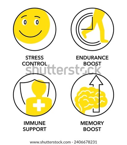 Icons set in thin line for Nutrient Supplement - Stress Control, Endurance Boost, Immune Support, Memory boost. Yellow color and thin line