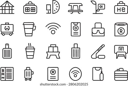 Icons Set of Thin Line Office Tools and Mobile Services Symbols for Communication, Printing, Shipping, and Storage