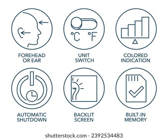 Icons set in thin line for Temperature meter device - Colored indicator, Backlit screen, Forehead or Ear measurement, Built-in memory, Unit switch, Auto shutdown timer. Monochrome pictograms for