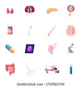 Icons Set Thyroid, Kidneys and Magnifier with Virus Cells, Medicine Bottle, Syringe and Thermometer, Brain, Pill and Xray. Human Head, Microscope, Intestines and Test Tube. Cartoon Vector Illustration