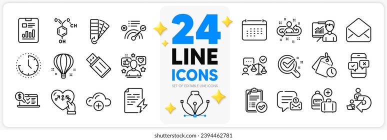 Icons set of Time, New message and Influence line icons pack for app with Presentation, Report document, Correct answer thin outline icon. Calendar, Phone survey, Chemistry lab pictogram. Vector