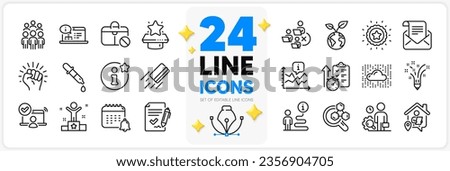 Icons set of Timer, Chemistry pipette and Jobless line icons pack for app with Winner podium, Online documentation, Chart thin outline icon. Credit card, Info, Save planet pictogram. Vector