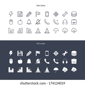 Icons set for toolbar in flat and line style