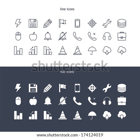 Icons set for toolbar in flat and line style