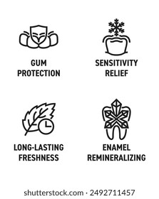 Icons set with toothpaste main characteristics - Gum protection, Sensitivity relief, Long-lasting freshness, Enamel remineralizing. Pictograms for labeling in bold line