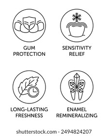 Icons set with toothpaste main characteristics - Gum protection, Sensitivity relief, Long-lasting freshness, Enamel remineralizing. Pictograms for labeling in thin line and circle shape