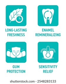 Ícones definidos com características principais de pasta de dente - Proteção de gengiva, Alívio de sensibilidade, Frescura de longa duração, Remineralização de esmalte. Pictogramas de rotulagem, em forma monocromática e quadrada