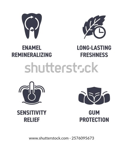 Icons set with toothpaste main characteristics - Gum protection, Sensitivity relief, Long-lasting freshness, Enamel remineralizing. Pictograms for labeling in monochrome style