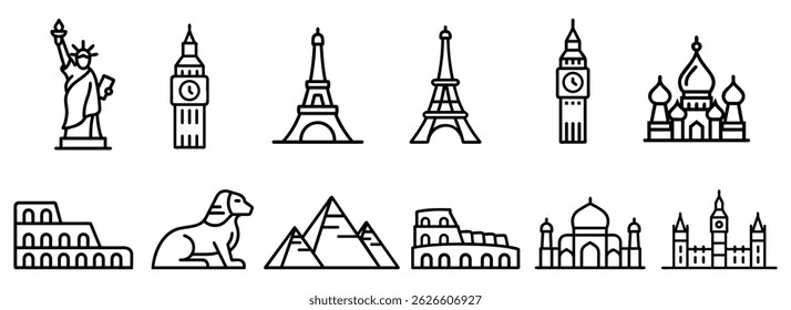 Icons set of top tourist attractions, historical buildings, towers, monuments, statues, sculptures and modern architecture