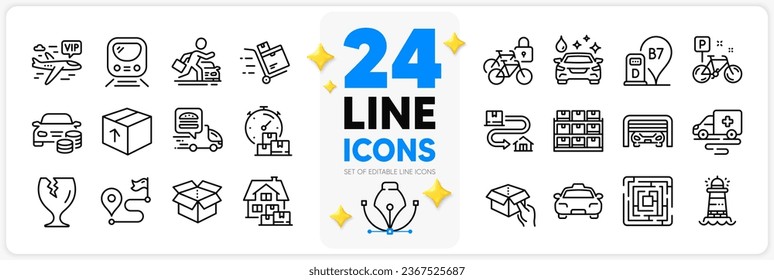 Icons set of Tracking parcel, Car wash and Hold box line icons pack for app with Diesel station, Fragile package, Taxi thin outline icon. Ambulance transport, Parking garage. Vector