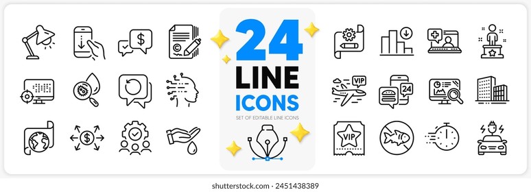 Icons set of Translation service, Stop fishing and Seo line icons pack for app with Recovery data, Copywriting, Artificial intelligence thin outline icon. Car charging. Design with 3d stars. Vector