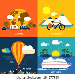 Icons set of traveling, planning a summer vacation, tourism and journey objects and passenger luggage in flat design. Different types of travel