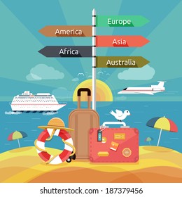 Icons set of traveling, planning a summer vacation, tourism and journey objects and passenger luggage in flat design. Different types of travel. Business travel concept