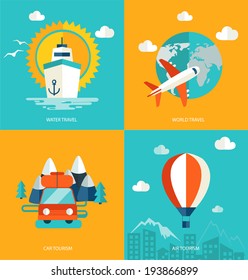 Icons set of traveling, planning a summer vacation, tourism  in flat design. Business travel concept.