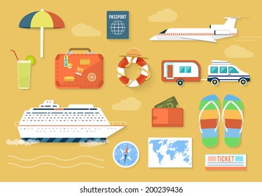 Icons set of traveling, planning a summer vacation, tourism and journey objects and passenger luggage in flat design. Different types of travel. Business world travel concept
