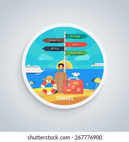 Icons set of traveling, planning a summer vacation, tourism and journey objects and passenger luggage in flat design. Different types of travel. Business travel concept on round banner