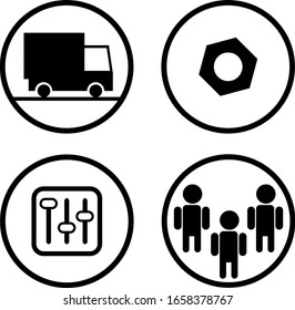 Icons set with truck, sound mixer, workers crew and hex nut
