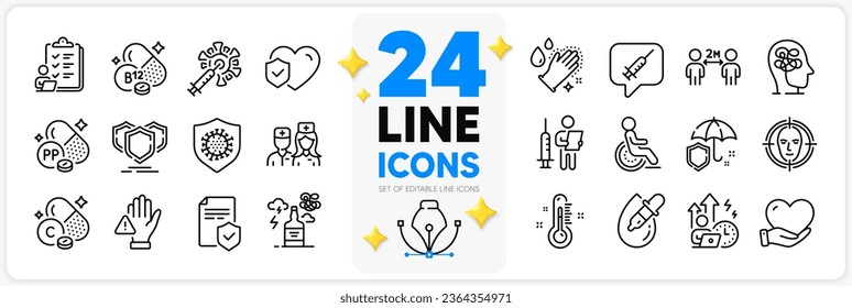 Icons set of Umbrella, Volunteer and Shields line icons pack for app with Checklist, Thermometer, Life insurance thin outline icon. Doctor, Cobalamin vitamin, Insurance policy pictogram. Vector