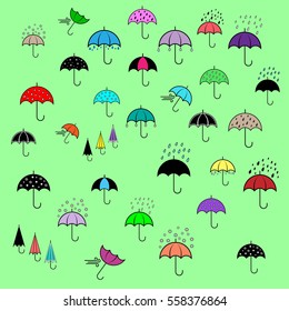 Icons set with umbrellas in different color. Background