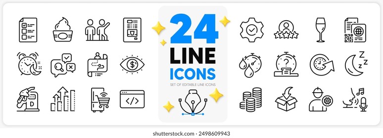 Icons set of Update time, Analysis graph and Engineer line icons pack for app with Coffee vending, Execute, Diesel station thin outline icon. Qr code, Coins, Human rating pictogram. Vector