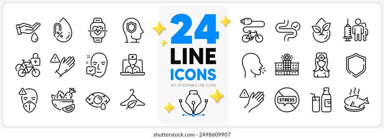 Icons set of Use gloves, Slow fashion and Medical vaccination line icons pack for app with Bicycle lockers, Salad, Organic product thin outline icon. Telemedicine, Wash hands. Vector