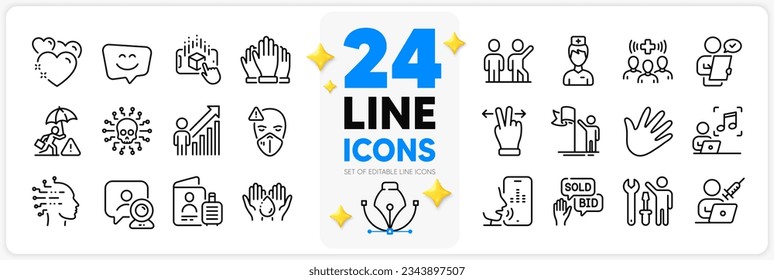 Icons set of Vaccination appointment, Employee result and Voicemail line icons pack for app with Leadership, Bid offer, Teamwork thin outline icon. Cyber attack, Touchscreen gesture. Vector