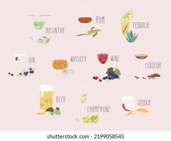 Icons set of various alcohol types in different glasses with components. Glassware collection in flat outline style vector illustration.