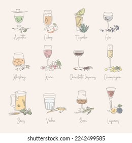 Conjunto de iconos de varios tipos de alcohol con componentes en diferentes vasos.  Colección de vidrio en ilustración vectorial de estilo de contorno plano dibujado a mano.