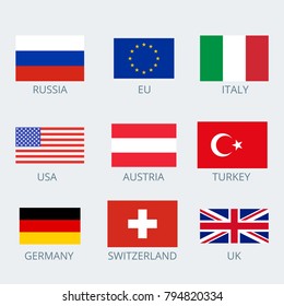 Icons set of various country's flags. Collection flags of Russia, European Union, Italy, Germany, Austria,  Turkey, USA, UK and Switzerland. Vector illustration.