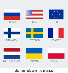 Icons set of various country's flags. Collection flags of Russia, European Union, Finland, Sweden, France,  Netherlands, USA, Ukraine and Poland. Vector illustration.