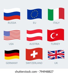 Icons set of various country's flags. Collection flags of Russia, European Union, Italy, Germany, Austria,  Turkey, USA, UK and Switzerland. Vector illustration.