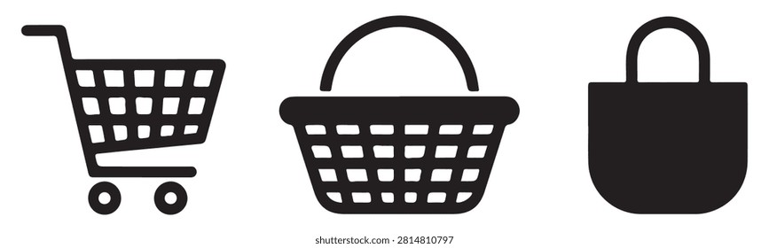 Icons set of various shopping receptacles showing metallic wire cart plastic basket and carry paper bag.
