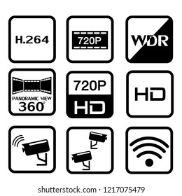 icons set. Vector closed-circuit television camera creative signs or logo elements