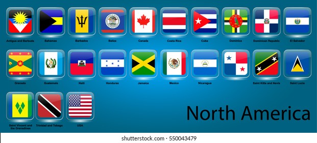 Icons set vector flags in EPS 10 format. North America. USA, Canada, Jamaica, Bahamas, Antigua, Belize, Haiti, El Salvador, Cuba, Costa Rica, Honduras, Mexico. Background of different colors.
