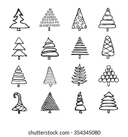 Icons Set of vector hand drawn cartoon Christmas tree, New Year, greeting cards xmas tree. Isolated vector for holiday backgrounds, flyer, invitation, banner, design cards, scrapbooking 