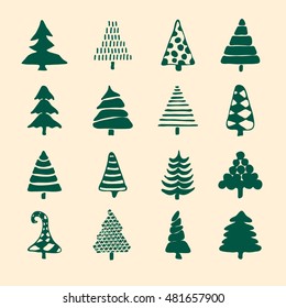 Icons Set of vector hand drawn cartoon Christmas tree, New Year, greeting cards xmas tree. Isolated vector for holiday backgrounds, flyer, invitation, banner, design cards, scrapbooking