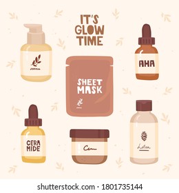 Icons set, vector illustration in flat style. Cosmetics, handwritten lettering it's glow time. Face mask, serum, lotion, cream. Ceramides, acid pilling. Background from the branches of plants, pattern