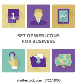 Icons set. Vector illustration of flat colored pictogram with long shadows. Sign and symbols for business and finance. Info graphics.