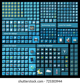 icons set vector illustration of flat pictogram with long shadows sign and symbols black background