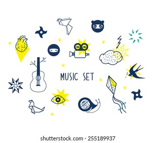 Icons set vector illustration of multimedia symbols, sound instruments, audio music and video items and objects.