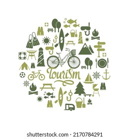 Icons set. Vector illustrations with  summer beach and tourist symbols.