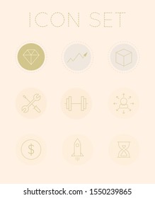 Icons set. Vector pictograms. Time, work, diamond, rocket, tools.