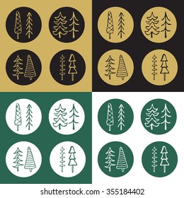 Icons Set of vector stickers hand drawn cartoon Christmas tree, New Year, greeting cards xmas tree. Isolated vector for holiday backgrounds, flyer, invitation, banner, design cards, scrapbooking 