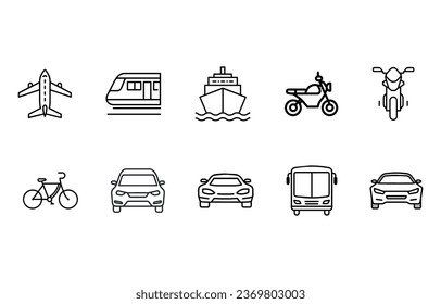 icons set of vehicle transport such ship bicycle motocycle train car 